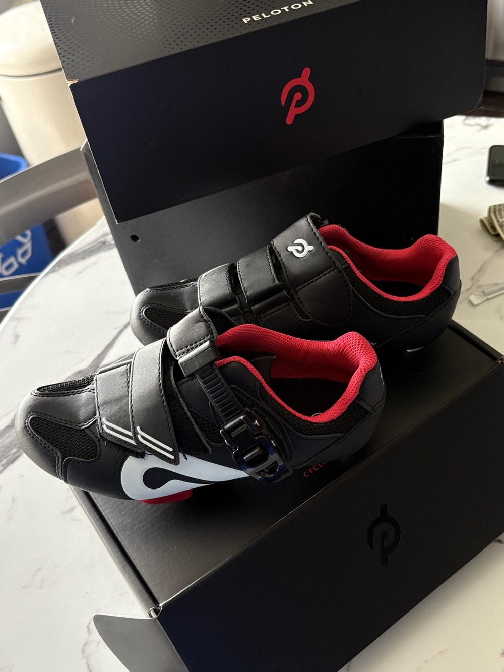 Peloton Black and Red Cycling Shoes with Triple Strap and Buckle